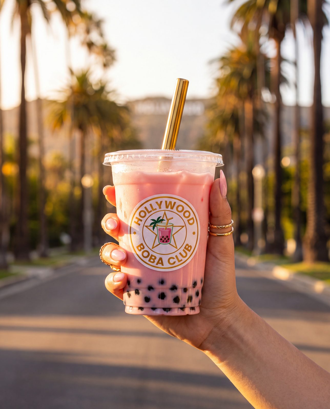 Hollywood Boba Club strawberry boba held up on a palm-lined street
