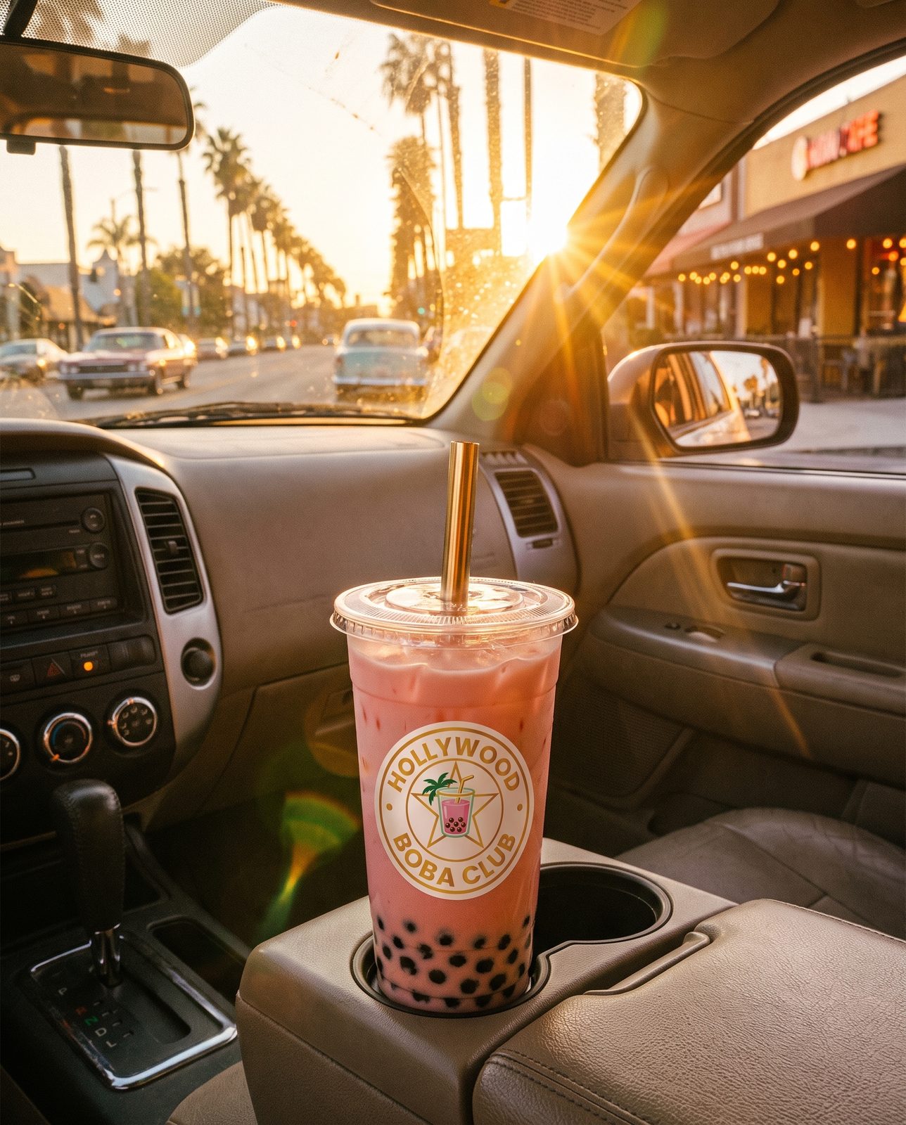Boba in a car cupholder at sunset