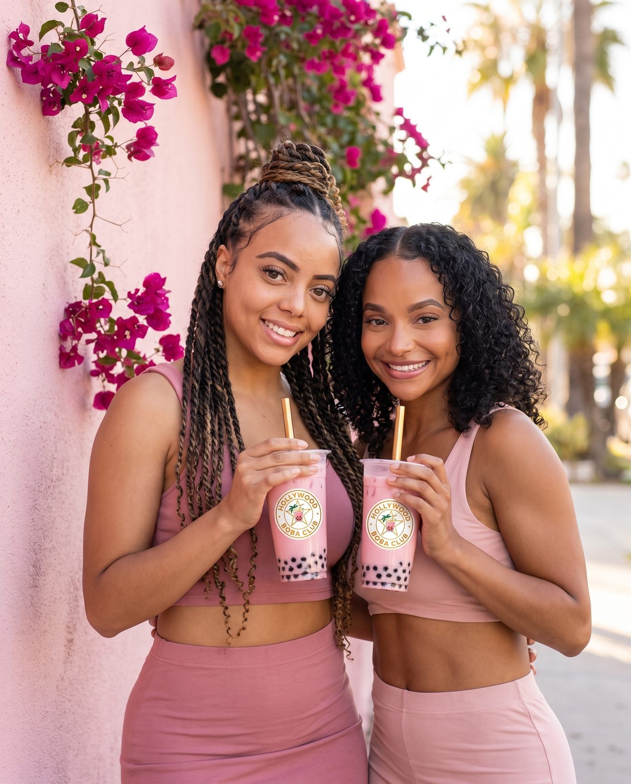 Two friends with pink boba under bougainvillea