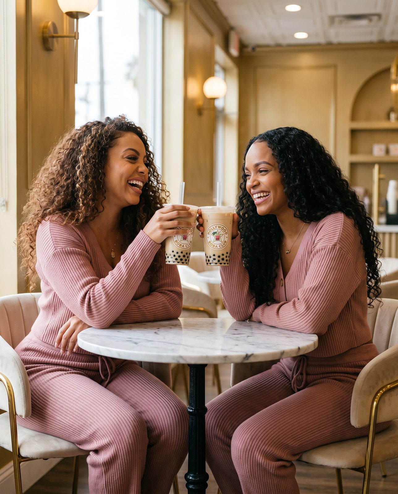 Two friends cheersing boba at a marble cafe table