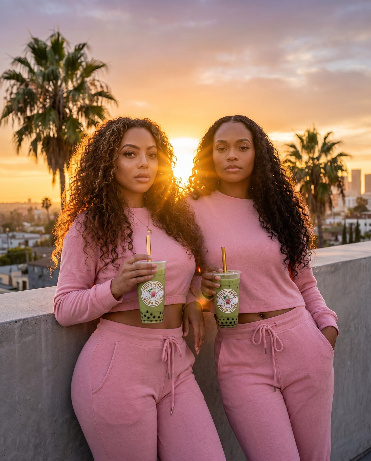 Two friends with matcha boba at golden hour